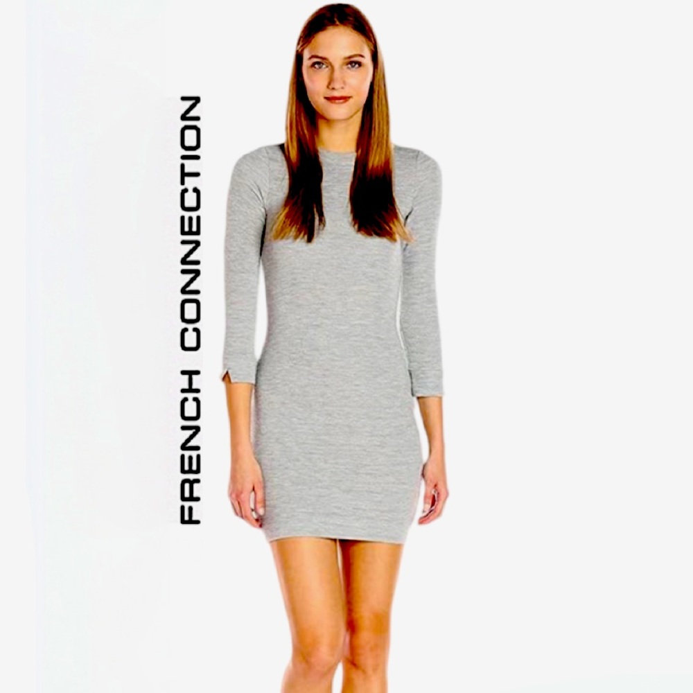 FRENCH CONNECTION.NWT. Textured 3/4 Sleeve Heathered Grey Sweater Dress. Size 12